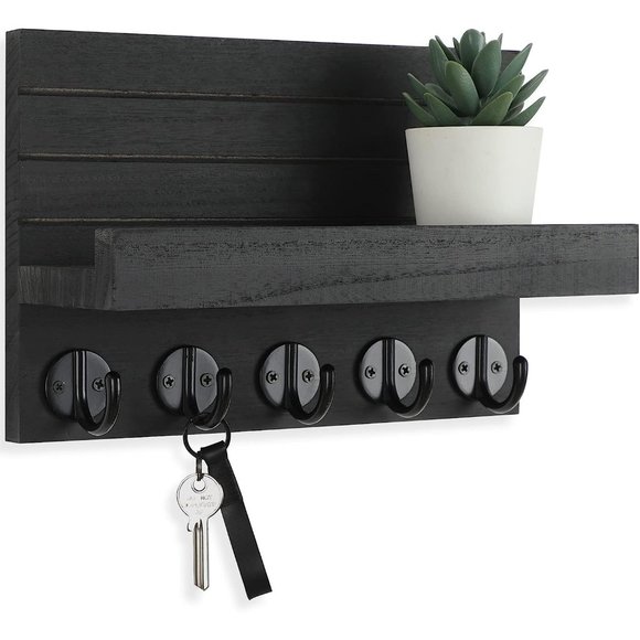 Umbrella Paulownia Wood Key Hanger with Shelf Has Large Key Hooks for Wall - Picture 1 of 5